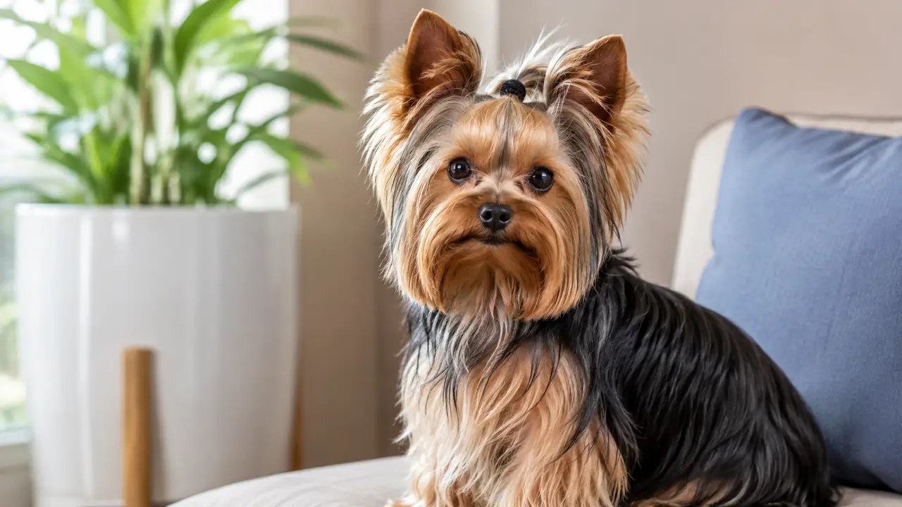 Yorkshire Terrier durante una passeggiata tranquilla con la famiglia