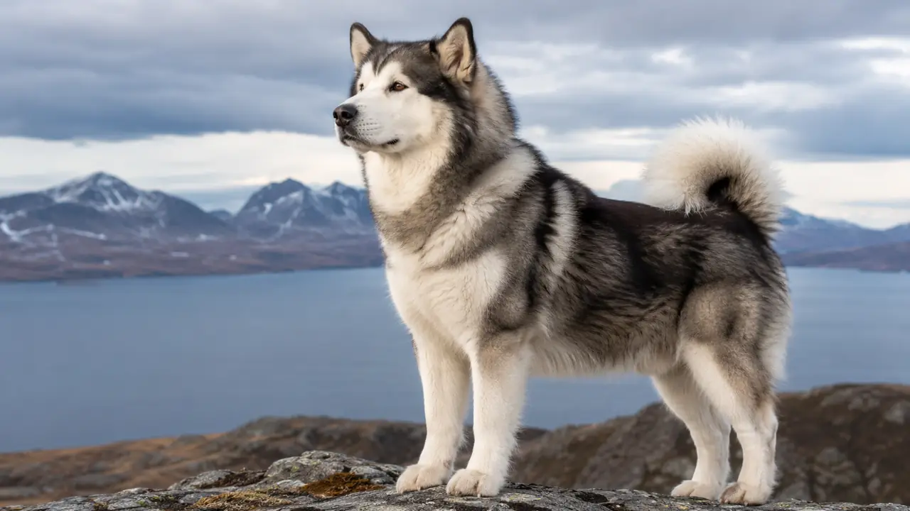 Alaskan Malamute adulto in un paesaggio naturale