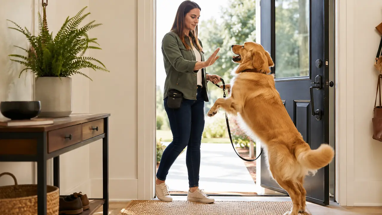Cane che saluta una persona in casa